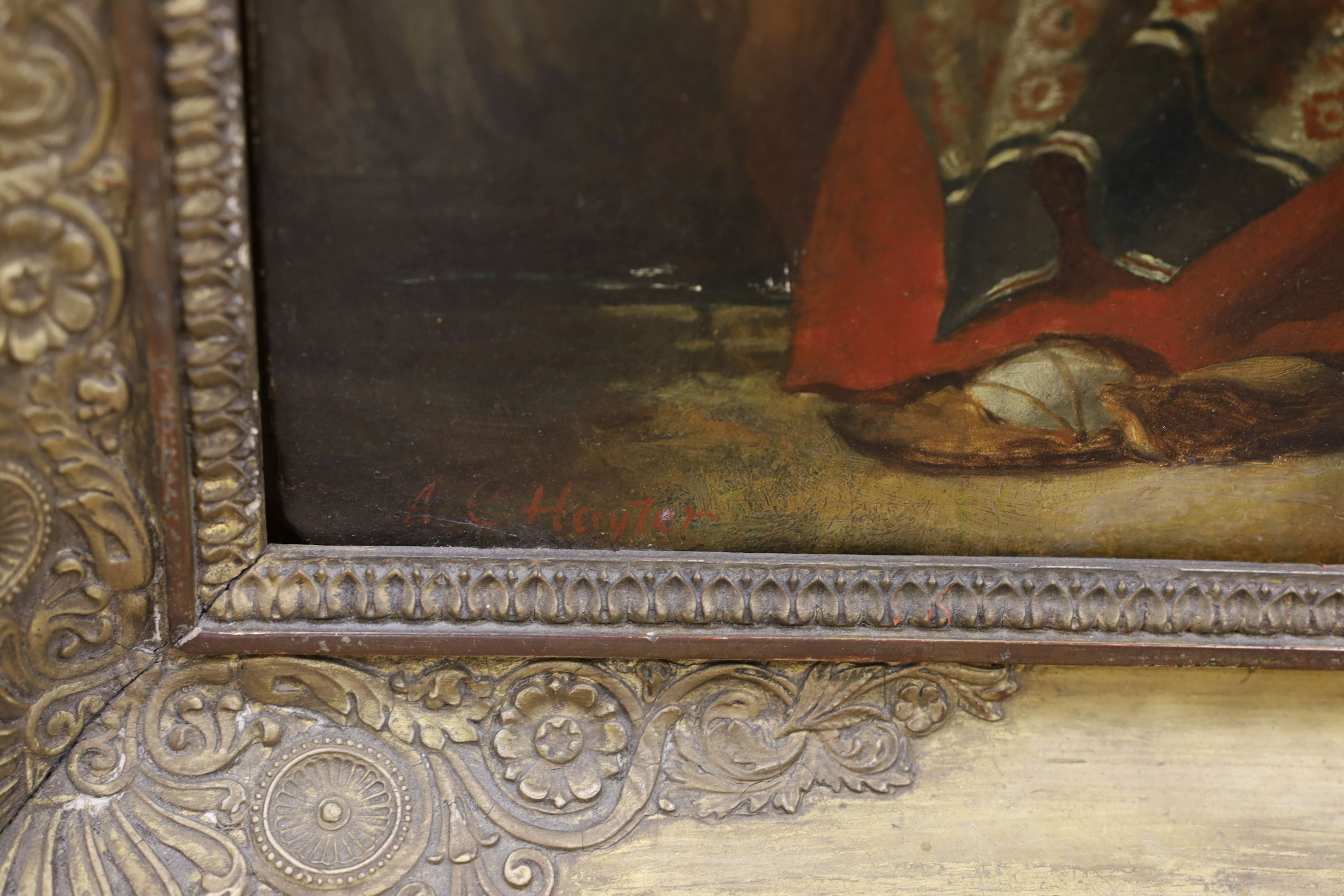 Angelo Collen Hayter (19th C.), oil on millboard, 'A Roman peasant at a fountain', signed, inscribed verso, 'sketch painted ...for Mrs. Thos. Fairbrand, June 1853', 35 x 30cm
